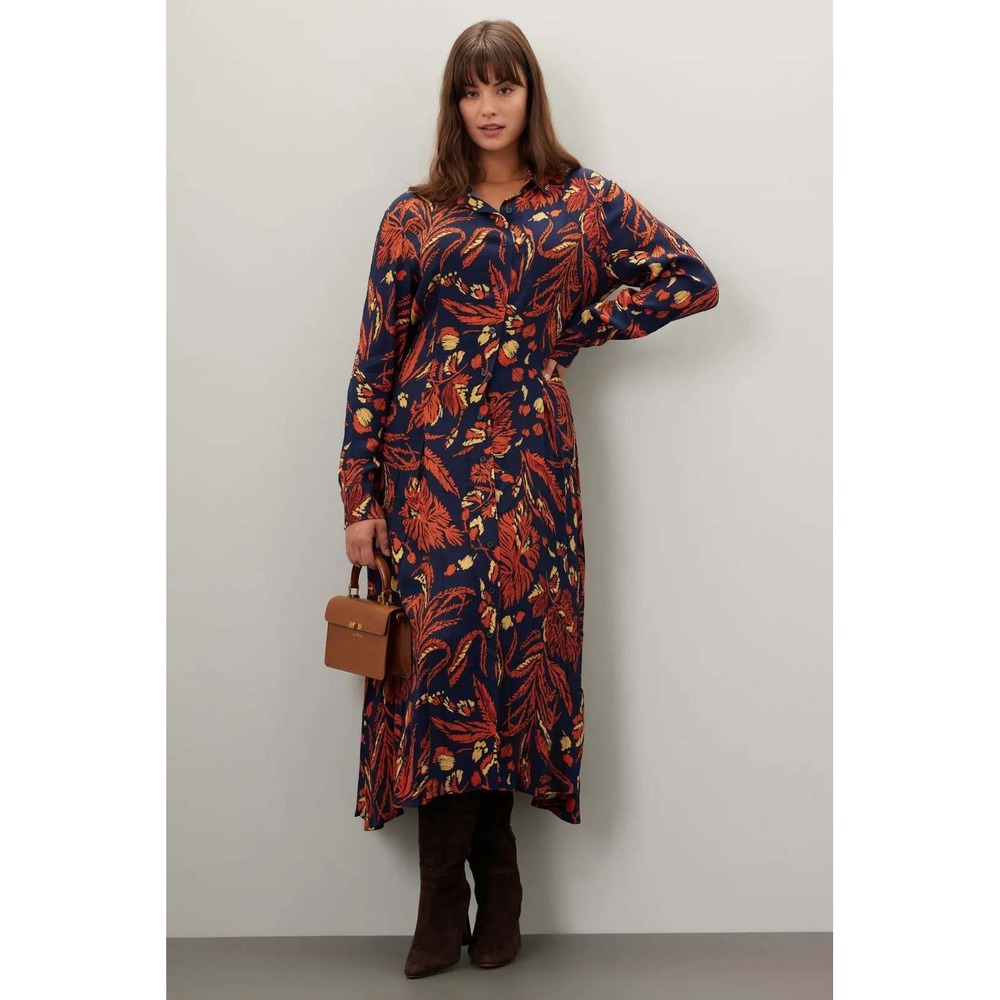 Thakoon Collective Shirt Dress Size 10 Navy Orange Floral Maxi Long Sleeve Fall